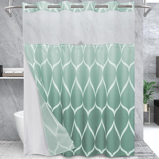Yiatn No Hook Ombre Teal Shower Curtain with Snap in Fabric Liner Set - Hotel Style with See Through Mesh Top Window, Modern Geometric Waterdrop Design,Waterproof and Washable, 71x74 INCH - ModernBath