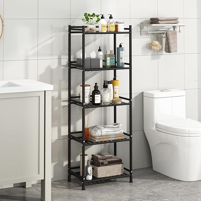 5 Tier Bathroom Storage Open Shelf Unit, Free-Standing Metal Corner Rack Shelving for Kitchen, Living Room, Hallway (Black, Wider 5 Tier) - ModernBath