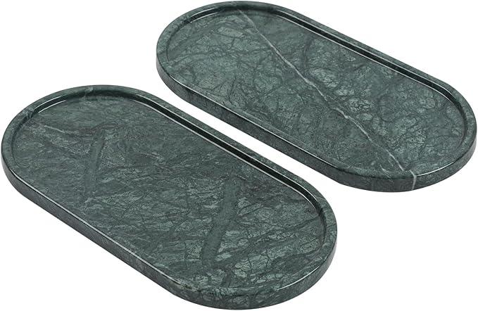 Faticdorr Green Marble Tray, 2 Pcs, Marble Vanity Tray, Bathroom, Decor for Trinket Perfume Jewelry Candle, 12 Inch Oval - ModernBath