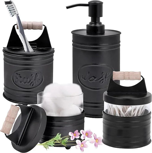 Autumn Alley Rustic Bathroom Accessories Set Black Farmhouse Soap Dispenser, Matte Black Toothbrush Holder, 2 Apothecary Jars Qtip Holder Glass - Rustic Bathroom Decor, Farmhouse Bathroom Accessories - ModernBath