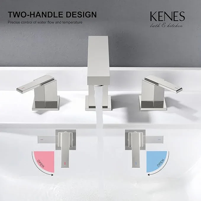 KENES Brushed Nickel Widespread Bathroom Faucet 2 Handle Bathroom Sink Faucet 3 Hole, 8-Inch 3 Pieces Vanity Faucet with Pop Up Drain & Supply Lines, KE-9050-P - ModernBath
