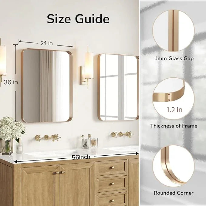 USHOWER Gold Bathroom Mirrors 24"x36" 2 Pack, Brushed Gold Rectangle Mirrors for Over Sink, Rounded Corner, Aluminum Frame, Anti-Rust, Tempered Glass, Horizontal or Vertical Mounted - ModernBath
