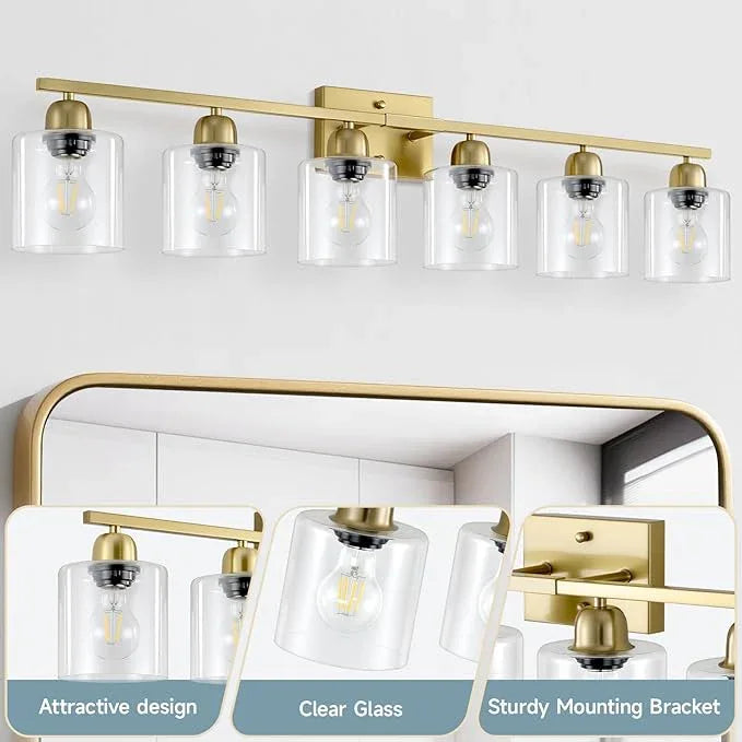 FAISHILAN Modern Brushed Gold 6 Light Bathroom Light Fixtures,38 inch Vanity Lights for Bathroom with Clear Glass, Vanity Light for Mirror Kitchen Living Room Hallway Cabinet Porch - ModernBath