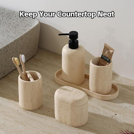 WUUAHOME Bathroom Accessories Set, Travertine Stone-Look, 5 PCS Bathroom Accessory Set with 13.53 OZ Soap Dispenser, Toothbrush Holder, Tumbler, Vanity Tray, Cotton Swab Jars for Countertop (Yellow) - ModernBath