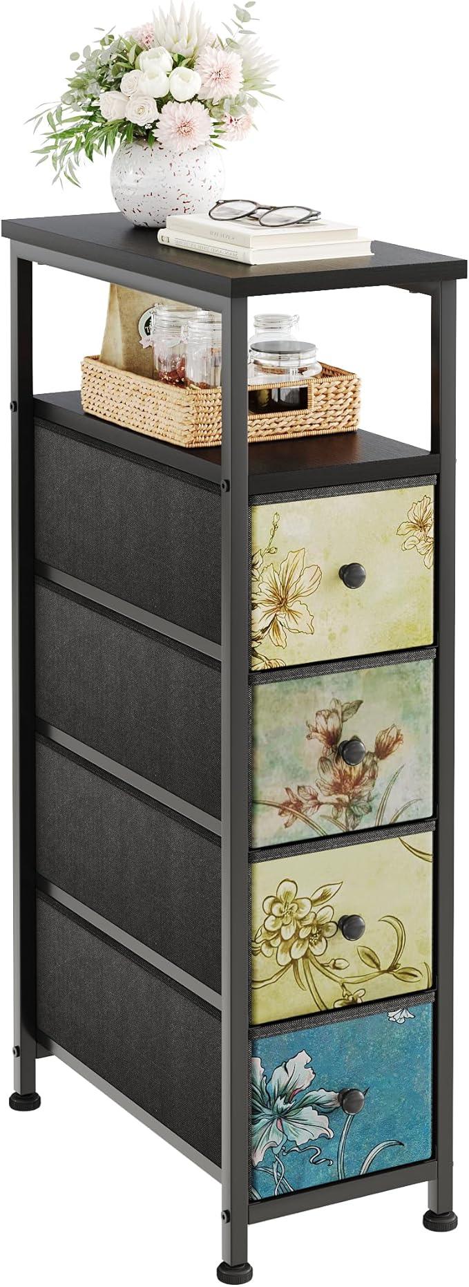 Narrow Dresser, Narrow Nightstand Dresser Storage Tower with 4 Drawers, Slim Fabric Dressers Chest of Drawers for Small Spaces, Retro Flower Dressers, for Bedroom Bathroom Laundry Closet (Black) - ModernBath
