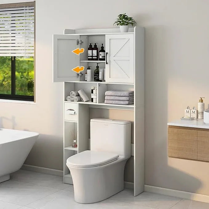 Over The Toilet Storage Cabinet, Farmhouse Storage Cabinet Over Toilet with 2 Barn Door & Toilet Paper Holder Stand, Home Space-Saving Rack, for Bathroom, Restroom (White). - ModernBath