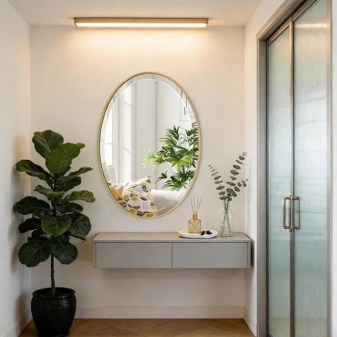POZINO Vanity Beveled Mirrors, 22"x30" Oval Mirror for Over Sink, Modern Brass Mirror with Stainless Steel Frame, Brush Gold Rounded Mirrors for Bathroom Bedroom Living Room, Horizontal Or Vertical ﻿ - ModernBath