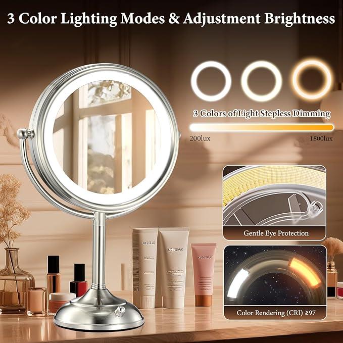Professional 8.5" Large Lighted Makeup Mirror with Brighter Lights, 1X/10X True HD Magnifying Mirror with 3 Color Dimmable Lights, 90 Shadowless LEDs, 360°Swivel Seamless Vanity Mirror, Pearl Nickel - ModernBath