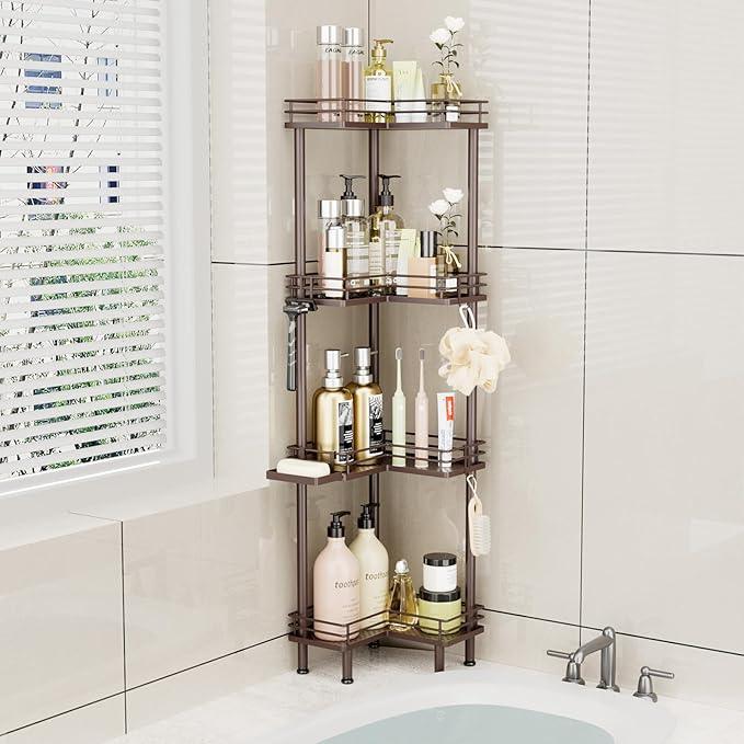 Consumest Corner Shower Caddy Standing - 4-Tier Stainless Steel Shower Organizer with Soap Holder and 4 Hooks, Large Capacity Corner Shelf Stand for Bathroom, Rest Room, Bronze - ModernBath