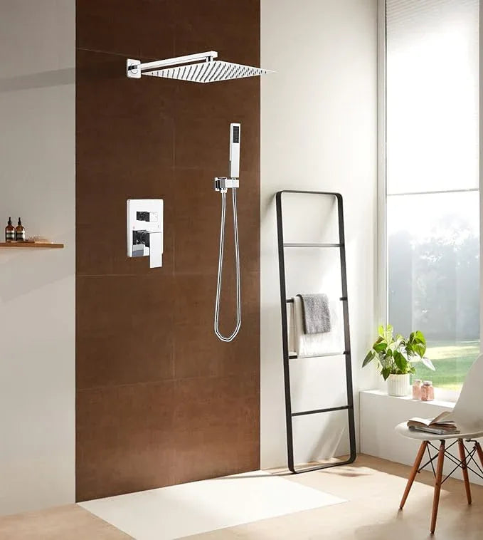 JingGang Polished Chrome Shower System 16 Inch Bathroom Luxury Rain Mixer Shower Combo Set Wall Mounted Rainfall Shower Head and Handheld System Shower Faucet Set Rough-in Valve Body and Trim Kit - ModernBath