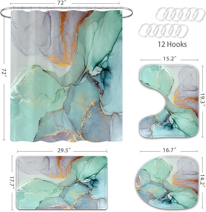 Gibelle 4 Pcs Shower Curtain Set with Non-Slip Rugs Toilet Lid Cover and Bath Mat, Green Marble Bathroom Decor Set with Accessories - ModernBath