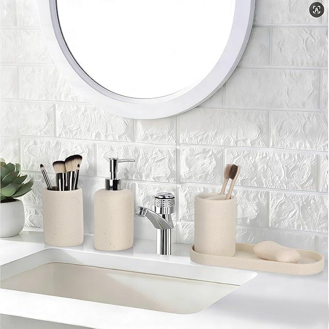 Bathroom Accessories Set,4 Piece Travertine Stone Look Bathroom Accessory Set with Soap Dispenser,Toothbrush Holder,Vanity Tray,Tumbler,Bathroom Organizer for Modern Bathrooms - Beige - ModernBath