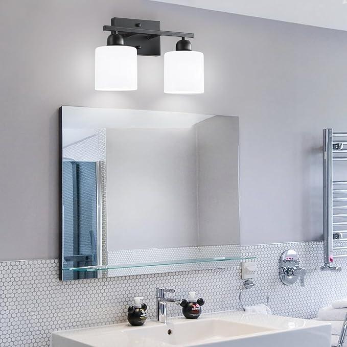 2 Light Black Bathroom Light Fixture, Modern Bathroom Lights with Milky White Frosted Glass Shades for Mirror Living Room Bedroom Hallway E26 Base - ModernBath