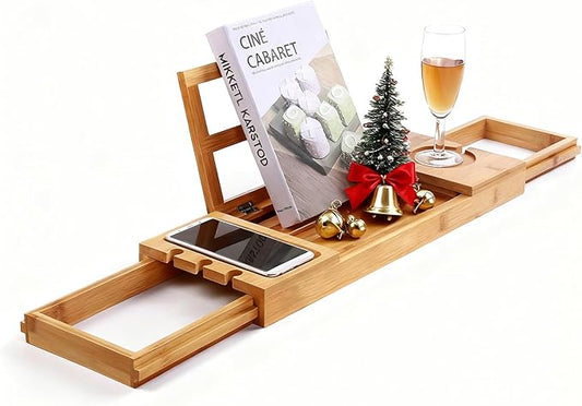 Utoplike Bamboo Bathtub Caddy Tray Bath Tray for Tub, Adjustable Bathroom Bathtub Organizer with Book Tablet Wine Glass Cup Towel Holder