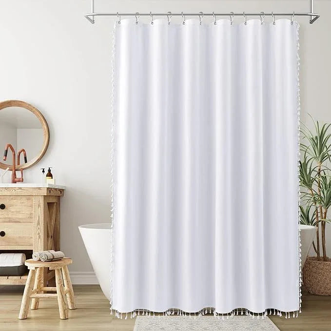 Nanspring White Boho Linen Shower Curtain 72 Inch Long Solid White Weighted Tassel Fabric Bath Curtain Set with Hooks Neutral Rustic Farmhouse Aesthetic Faux Linen Shower Curtain for Bathroom 72x72 - ModernBath