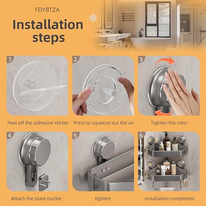 Gray Corner Shower Shelf With 4 Hooks and 1 Cross Bar - 3 PCS Carbon Steel Shelves for Toilet, Shampoo Holder, Kitchen and Locker - ModernBath