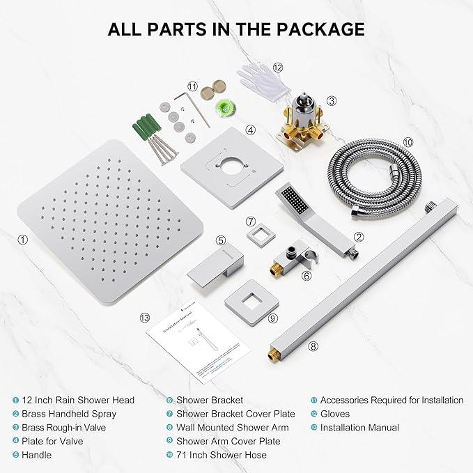 SR SUN RISE Shower Faucet Set & System - 12 Inch Rainfall Shower Head & Handle Set Wall Mounted Polished Chrome Solid Brass Valve Trim Kit Included - ModernBath