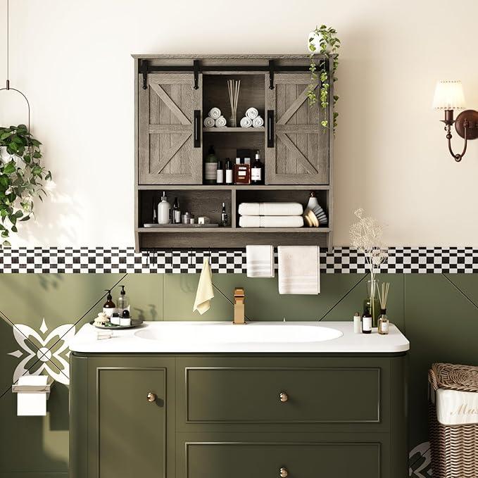 RUSTOWN Farmhouse Bathroom Wall Cabinet,3-Tier Rustic Wood Wall Mounted Cabinets,Vintage Medicine Cabinet with Sliding Barn Door and Adjustable Shelves,Over The Toilet Storage Cabinet (Washed Oak) - ModernBath