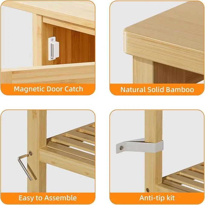 HITNET Bathroom Floor Cabinet, Bamboo Storage Cabinet with Door and 3 Open Shelves, Freestanding Side Kitchen Cupboard Organizer, Natural - ModernBath