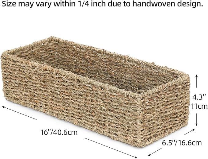 [2-Pack] Seagrass Storage Baskets, Rectangle Wicker Containers, Wicker Toilet Basket Tank Topper, Handwoven Natural Storage Baskets for Shelves, Bathroom, Bedroom (16" x 6.5" x 4.3") - ModernBath