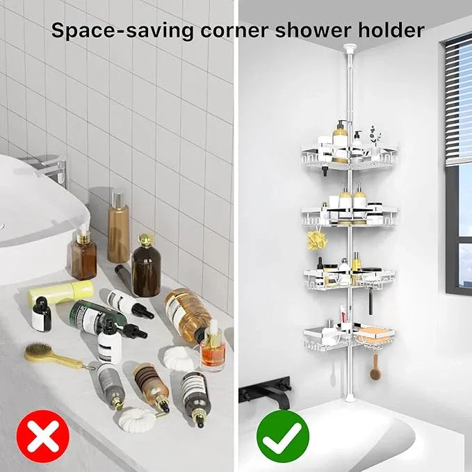 KEGII Corner Shower Caddy Tension Pole - Chrome 4-Tier Adjustable Shower Tension Rod Organizer with Hooks & Soap Holders, 25-114.2 Inch Stainless Steel Shower Storage Rack for Renters & Family - ModernBath