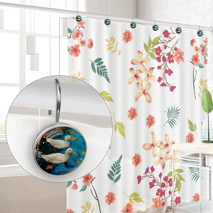 Swimming Duck Shower Curtain Hooks, 12Pcs Decorative Rust Resistant Shower Rings for Shower Curtain Rods, Stainless Steel Round Curtain Hooks for Bathroom, Bedroom - ModernBath