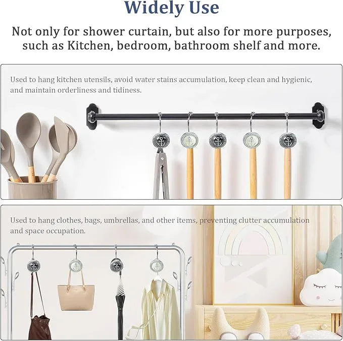 Decorative Nautical Shower Hooks, 12-Pack Black & White Design with 5 Smooth-Glide Rollers, Rust-Proof for Bathroom Bedroom Living Room Decor - ModernBath