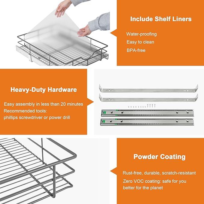 ALINE FURNITURE Pull Out Shelves - 14" W x 22" D Soft Close Pull Out Cabinet Organizer 1 Tier - Slide Out Drawers with Shelf Liner, Heavy Duty Steel Wire Baskets for Kitchen Cabinets, Pantry, Bathroom - ModernBath
