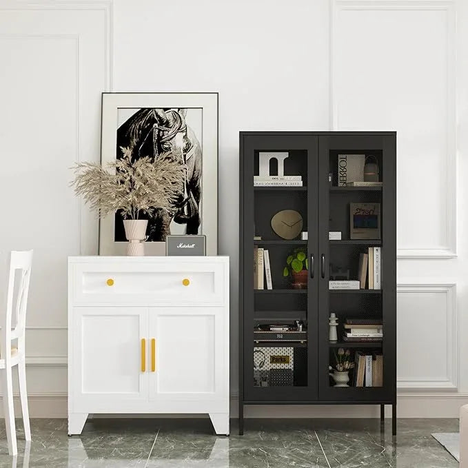 COFaR Modern Mesh Storage Cabinet, Free Standing Tall Pantry, Cupboard Metal Display Cabinet for Living Room, Kitchen, Dining Room - ModernBath