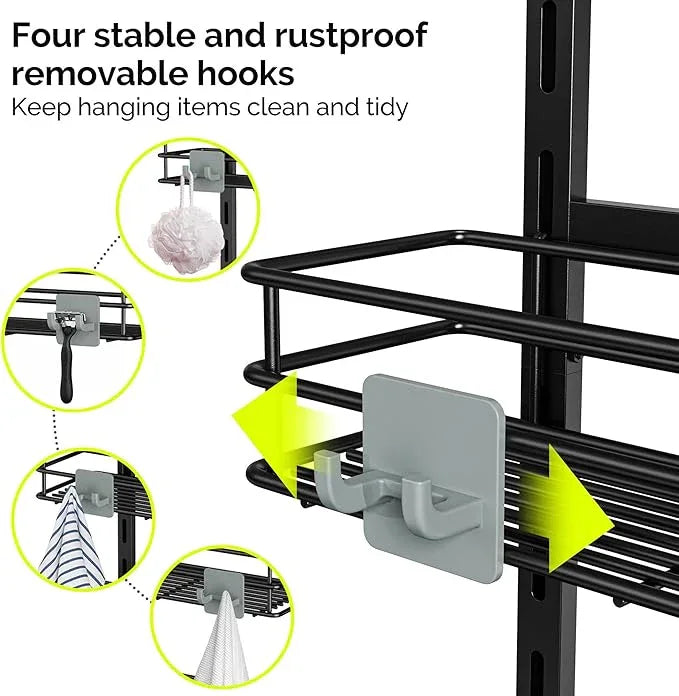 Orimade Over The Door Shower Caddy Adjustable 4 Tier Black,Bathroom Hanging Organizer Shelf Rustproof with 4 Hooks,Shower Basket with Soap Holder and Suction Cup - ModernBath