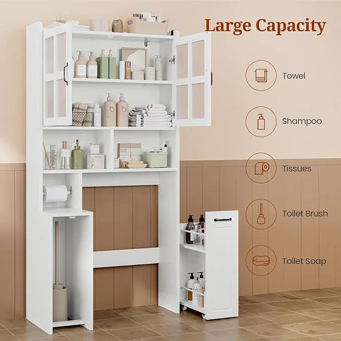Over The Toilet Storage Cabinet with Pulley Small Bathroom Storage Cabinet, Space Saver W/Adjustable Shelf & Glass Doors for Bathroom, Restroom, Laundry (Frosted Mirror-Type B) - ModernBath