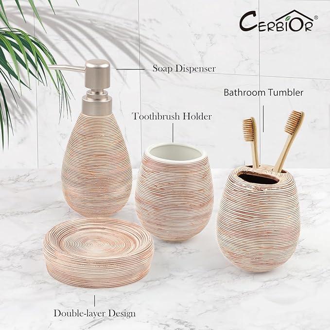 CERBIOR Bathroom Accessories Set,4 Pcs Ceramic Bathroom Decor Accessory,Includes Toothbrush Holder, Toothbrush Cup, Soap Dish for Decorative Countertop and Housewarming Gift(Brown 4pcs) - ModernBath
