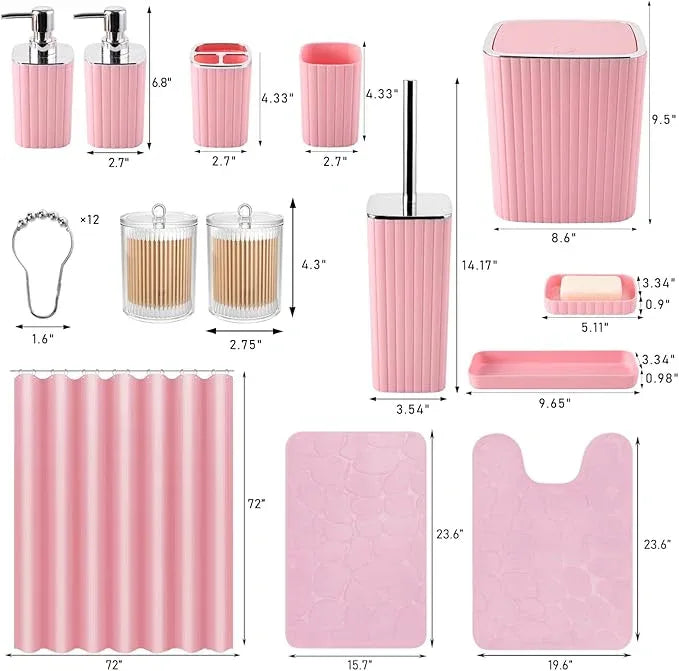 XLHOMO Bathroom Set with Shower Curtain and Rugs- 25PC Pink Bathroom Accessories, Shower Curtain Set, Toilet Brush, Trash Can, Qtip Holder Dispenser & Soap Dispenser - ModernBath