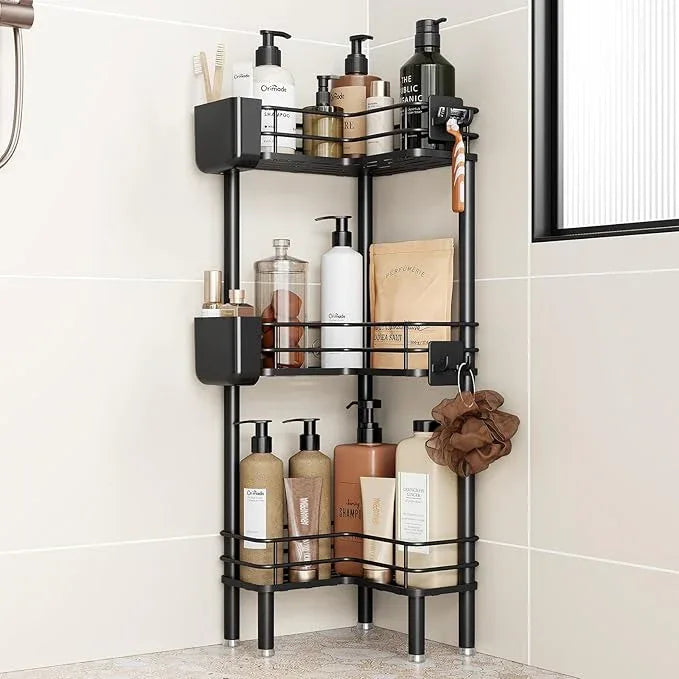 Orimade Rustproof 3 Tier Floor Standing Corner Shower Caddy Organizer with Toothbrush Holder, Large Spacing Floor Shower Shelf Rack Storage Stands with Hooks for Bathroom Kitchen, Black - ModernBath