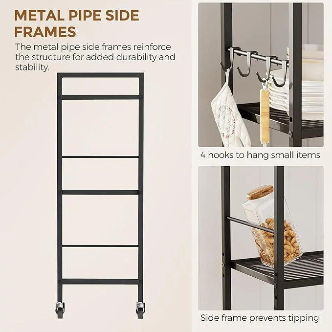 3-Tier Metal Storage Rack with Industrial Wheels,Mesh Shelving Unit with Wooden Table top,Adjustable Shelf,16.9-Inch Width,for Kitchen,Laundry,Pantry,Plant,Black - ModernBath