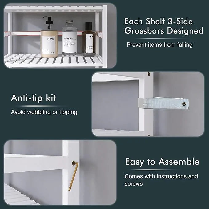 HITNET Bookshelf, 6-Tier Tall Bookcase Freestanding Bamboo Book Shelf Bathroom Storage Organizer with Adjustable Shelves, White - ModernBath