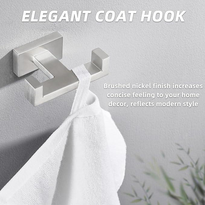 APLusee Square Double Towel Hook, 304 Stainless Steel Dual Coat Holder, Modern Bathroom Kitchen Storage Hanger Wall Mounted, Brushed Nickel - ModernBath