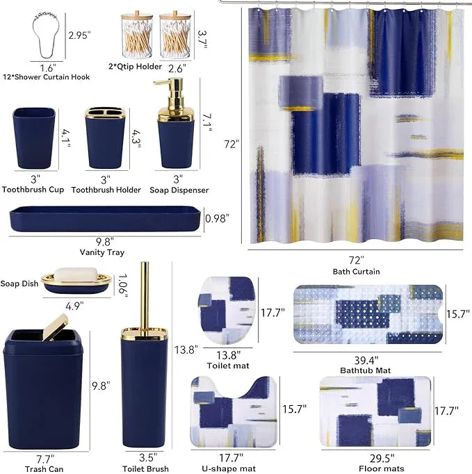 XLHOMO Bathroom Accessories Set - 26PCS Navy Blue Bathroom Set, Bathroom Accessory Set with Shower Curtain and Rugs and Bathtub Mats for Home - ModernBath