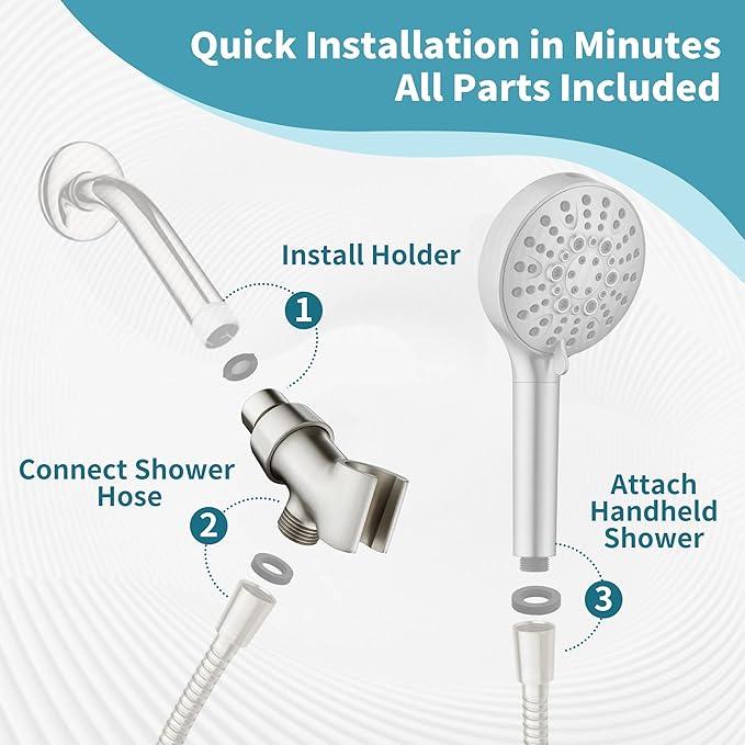 BRIGHT SHOWERS All Metal Handheld Shower Head Holder, Adjustable Shower Arm Mount with 360 Degree Rotatable Brass Ball Joint and Hose Connector, Universal Wall Hook Bracket, Brushed Nickel - ModernBath