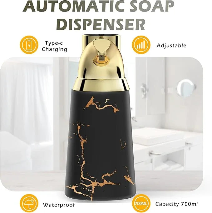 Greatmay Adjustable Automatic Soap Dispenser Touchless, Ceramic Material，4 Adjustable Levels， Type-c Rechargeable Operated Sensor Liquid Soap Pump，Touch-Free Hand Sanitizer Dispenser (Black Gold) - ModernBath