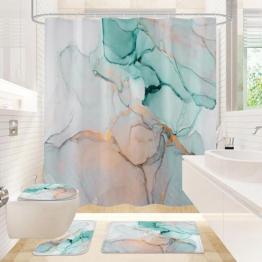 Gibelle 4 Pcs Bathroom Shower Curtain Set with Non-Slip Rugs, Toilet Lid Cover and Bath Mat, Grey Teal Marble Bathroom Decor Set with Shower Curtain and Rugs and Accessories - ModernBath