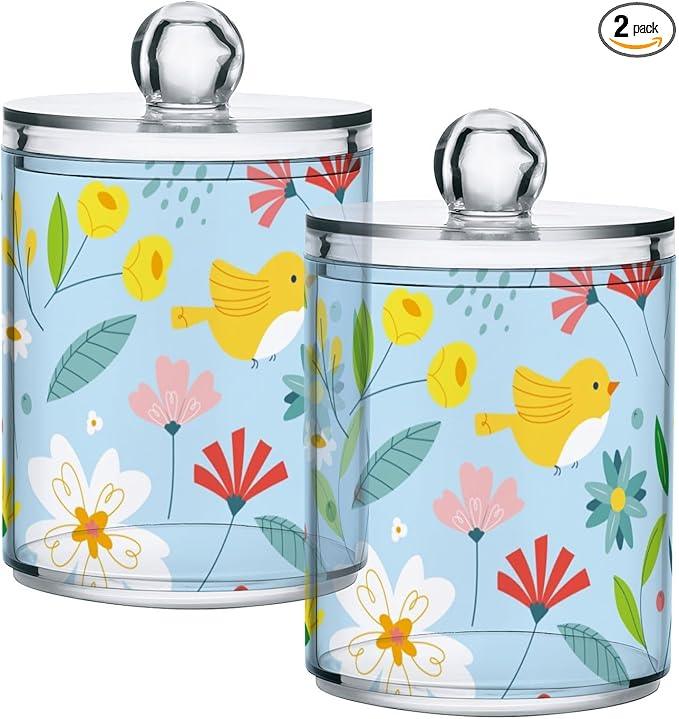 Tatenale Qtip Holder Bathroom Set Q tip Cotton Ball Swab Pad Dispenser Container Organizer Plastic Jars with Lids Storage 2Pack Cute Floral Birds Blue - ModernBath