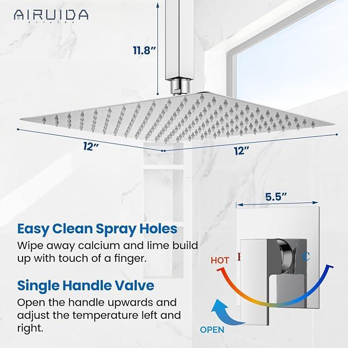 Airuida Shower Faucet Set and Handle Set Single Function Shower Trim Kit Ceiling Mount Rainfall Shower System with Male Threads and Rough-in Valve 12 Inch Square Shower Head Chrome Polish - ModernBath
