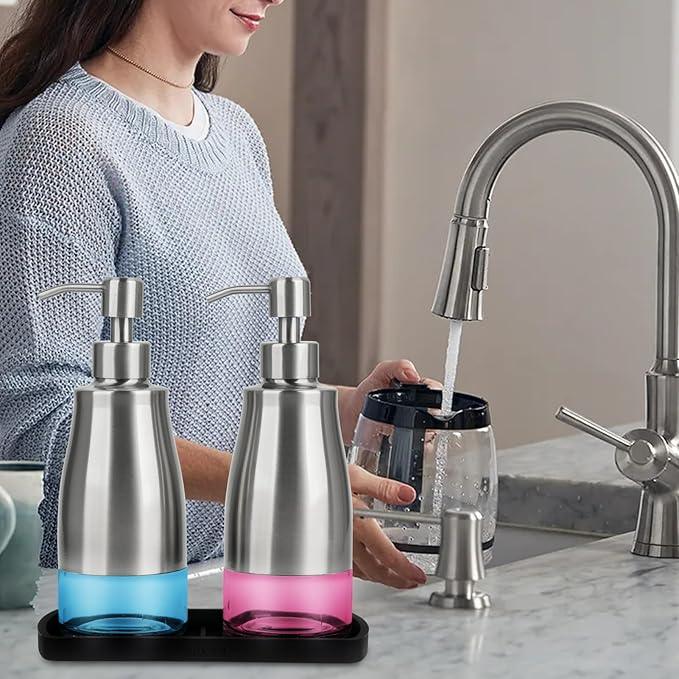 Gaussra Kitchen Soap Dispenser Set with Silicone Tray and Stickers - Brushed Nickel, Stainless Steel Glass Soap Dispenser Bathroom, Refillable Hand Dish Dispenser for Kitchen Sink - ModernBath