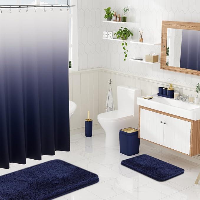 XLHOMO Bathroom Set - Navy Blue Bathroom Sets with Shower Curtain and Rugs, 24PCS Shower Curtain Set with Hooks, Soap Dispenser, Soap Dish, Toilet Brush Holder and Trash Can for Housewarming - ModernBath