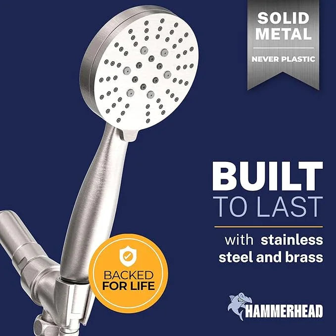 HammerHead Showers Solid Metal 3-Spray Handheld Shower Head with Long Hose and Holder, High Pressure, Wide/Massage/Mist Sprays, Brushed Nickel, 1.75 GPM - ModernBath