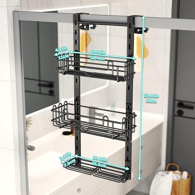 HapiRm 3 Tier Over the Door Shower Caddy, Hanging Shower Caddy with 16 Hooks and 2 Soap Holders, No Drilling Adjustable Hanging Bathroom Organizer - Black - ModernBath