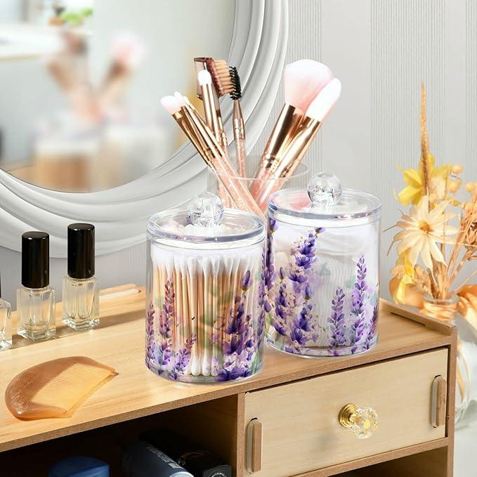 BOENLE 2 Pack Qtip Holder Dispenser Purple Lavender Storage Canister Bathroom Acrylic Plastic Apothecary Jars Vanity Organizer Lid for Cotton Swab/Ball/Pad - ModernBath
