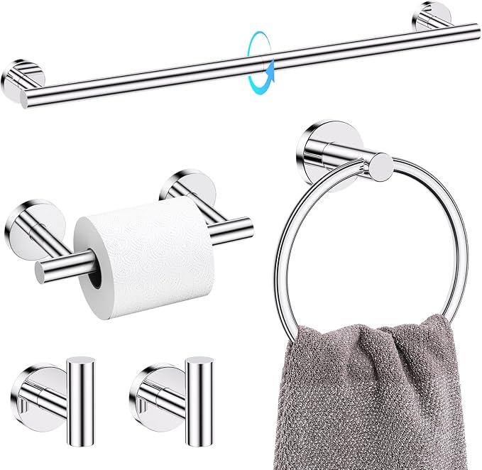 TQKAG Polished Chrome 5 Piece Bathroom Hardware Accessories Set 23.6" SUS304 Stainless Steel Bathroom Towel Bar Holder Sets Double Post Pivoting Toilet Paper Holder Set Wall Mounted - ModernBath