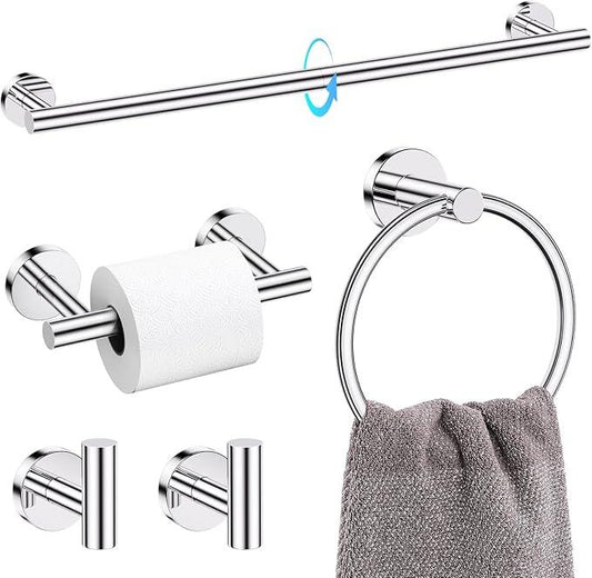 TQKAG Polished Chrome 5 Piece Bathroom Hardware Accessories Set 23.6" SUS304 Stainless Steel Bathroom Towel Bar Holder Sets Double Post Pivoting Toilet Paper Holder Set Wall Mounted - ModernBath